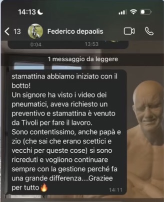 Schermata del messaggio di Federico De Paolis, gommista